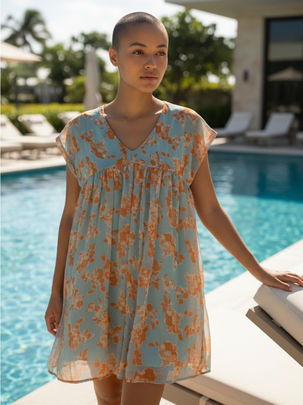 Peach Love California Light Blue and Orange Floral V Baby Doll Dress